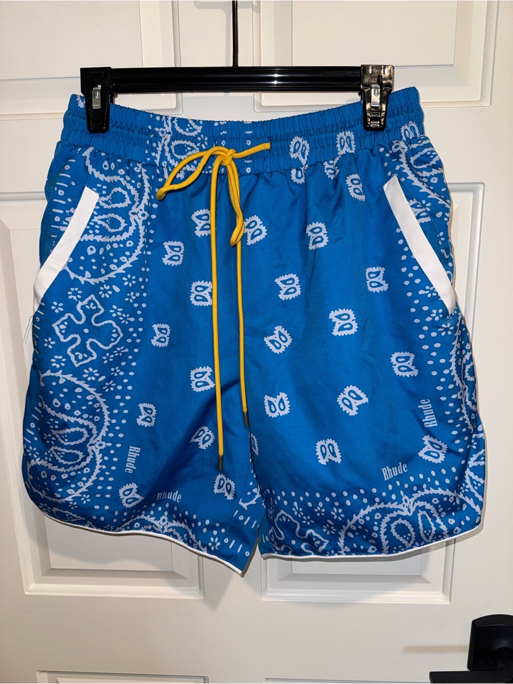 Rhude Blue Bandana-Print Swim Trunks with Yellow Drawstring